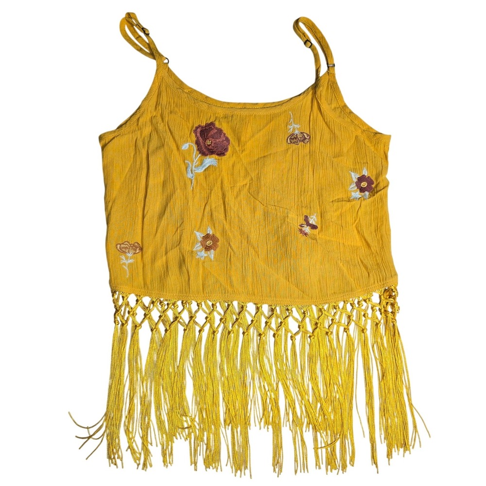 Xhilaration Mustard Yellow Embroidered Boho Fringe Crop Tank Top XS‎ Women